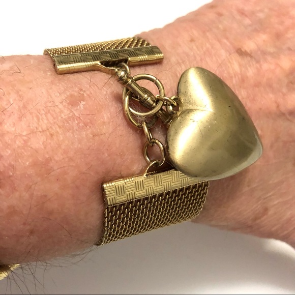 Vintage Brass Gold Electroplated Puff Heart Charm Wide Mesh Bracelet - Picture 4 of 14